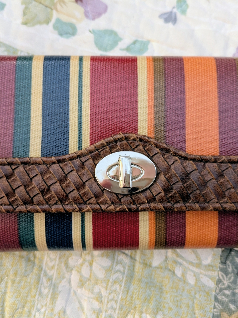 Striped Multicolor Women’s Trifold Wallet with Brown Trim
